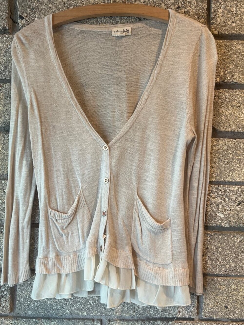 Maison Jules Beige Button-Front Cardigan With Sheer Ruffle Hem & Front Pockets W
